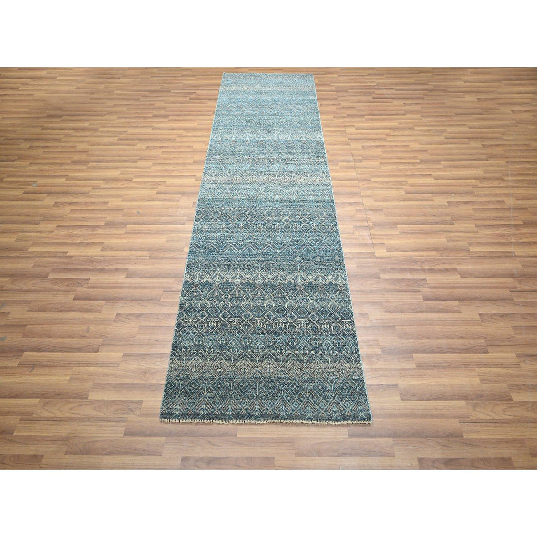3'1" x 9'9" New Hand Knotted Blue Wool Runner Oriental Rug - MOA10276418