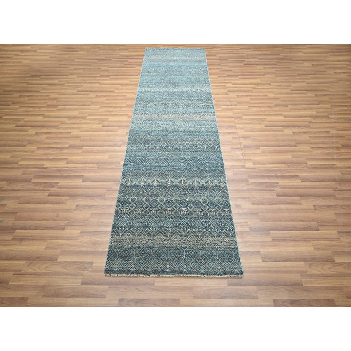 3'1" x 9'9" New Hand Knotted Blue Wool Runner Oriental Rug - MOA10276418