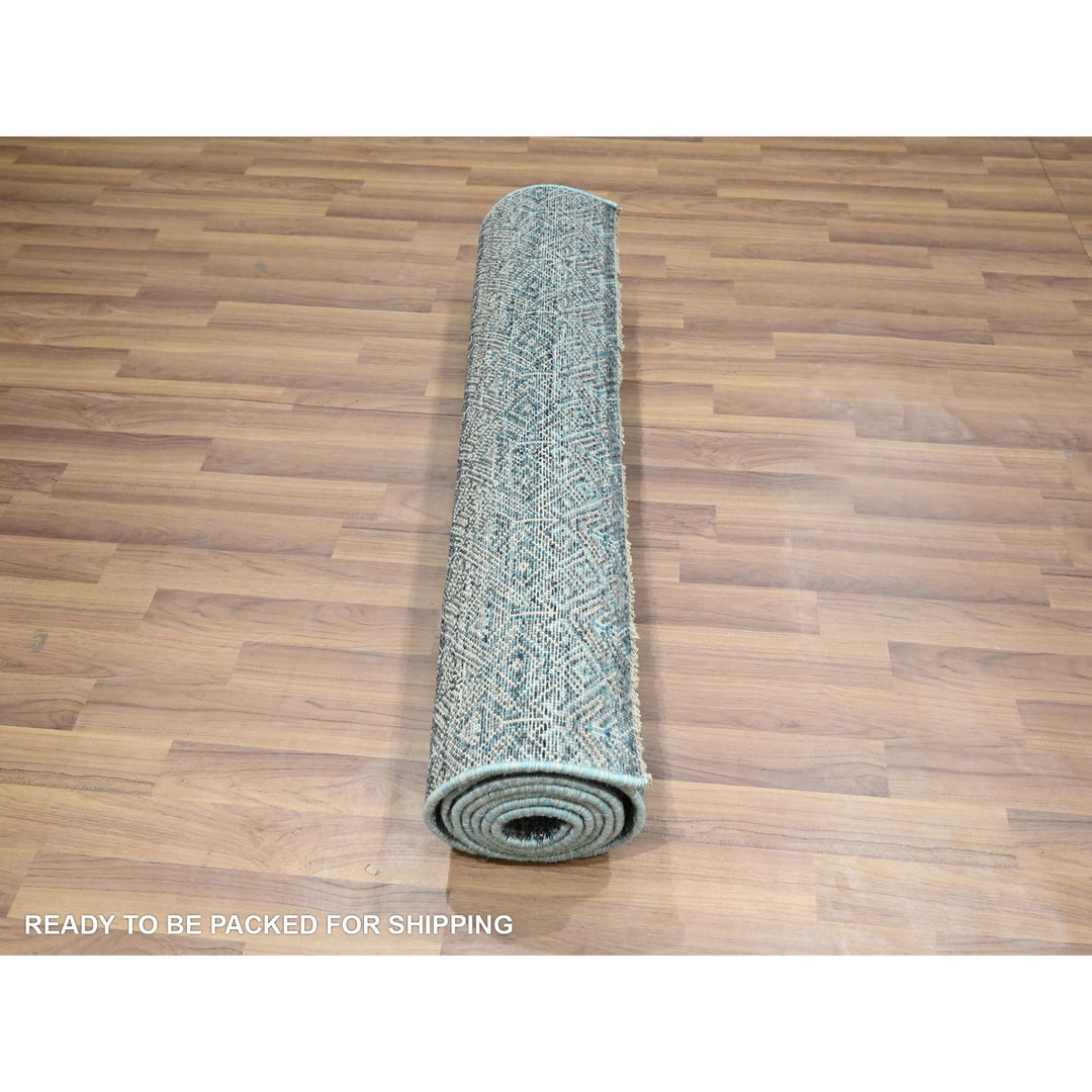 3'1" x 9'9" New Hand Knotted Blue Wool Runner Oriental Rug - MOA10276418