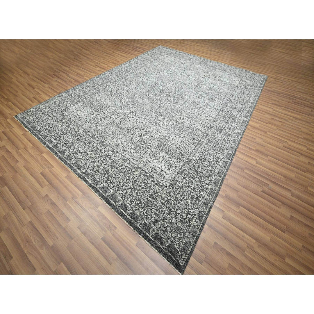 9'0" x 11'11" New Hand Knotted Grey Wool Rectangle Oriental Rug - MOA10276553