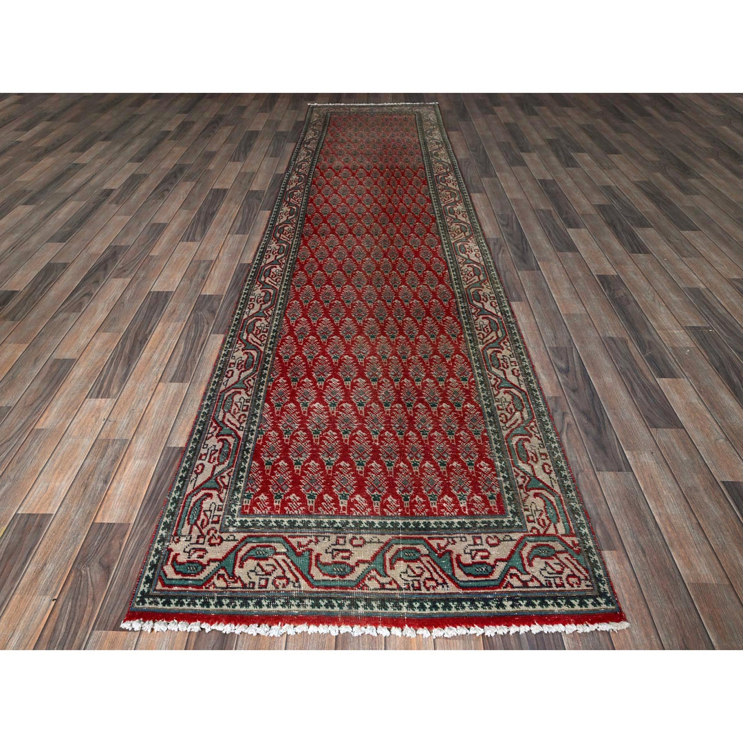 3'2" x 12'4" Vintage Hand Knotted Red Wool Runner Oriental Rug - MOA102779