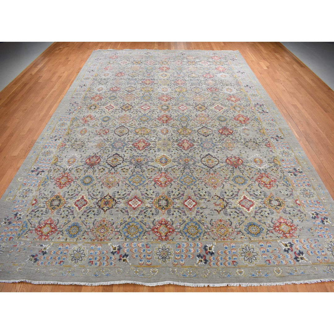 12'0" x 18'0" New Hand Knotted Grey Wool & Silk Rectangle Oriental Rug - MOA10278033