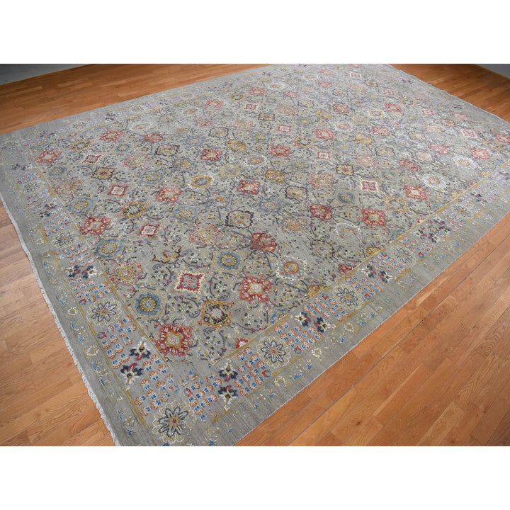 12'0" x 18'0" New Hand Knotted Grey Wool & Silk Rectangle Oriental Rug - MOA10278033