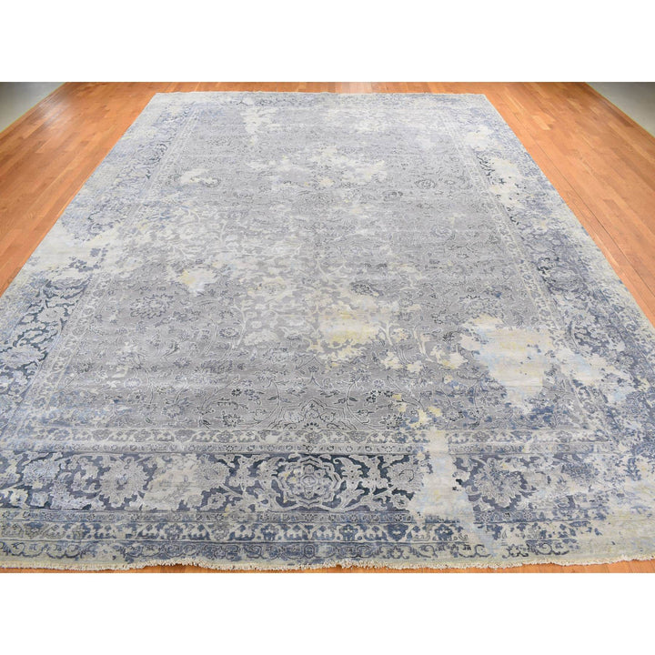 12'0" x 18'0" New Hand Knotted Grey Wool & Silk Rectangle Oriental Rug - MOA10278038