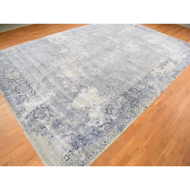 12'0" x 18'0" New Hand Knotted Grey Wool & Silk Rectangle Oriental Rug - MOA10278038