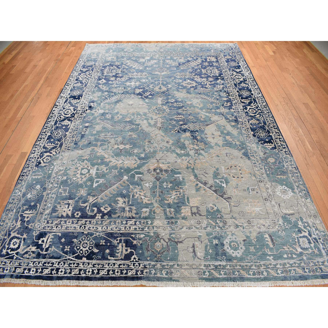 9'10" x 13'10" New Hand Knotted Blue Wool & Silk Rectangle Oriental Rug - MOA10278040