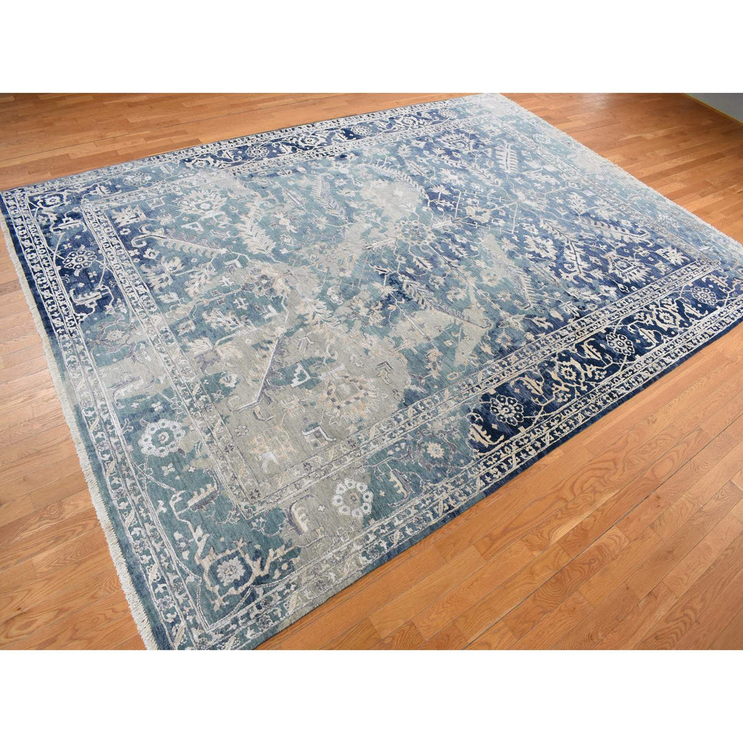 9'10" x 13'10" New Hand Knotted Blue Wool & Silk Rectangle Oriental Rug - MOA10278040