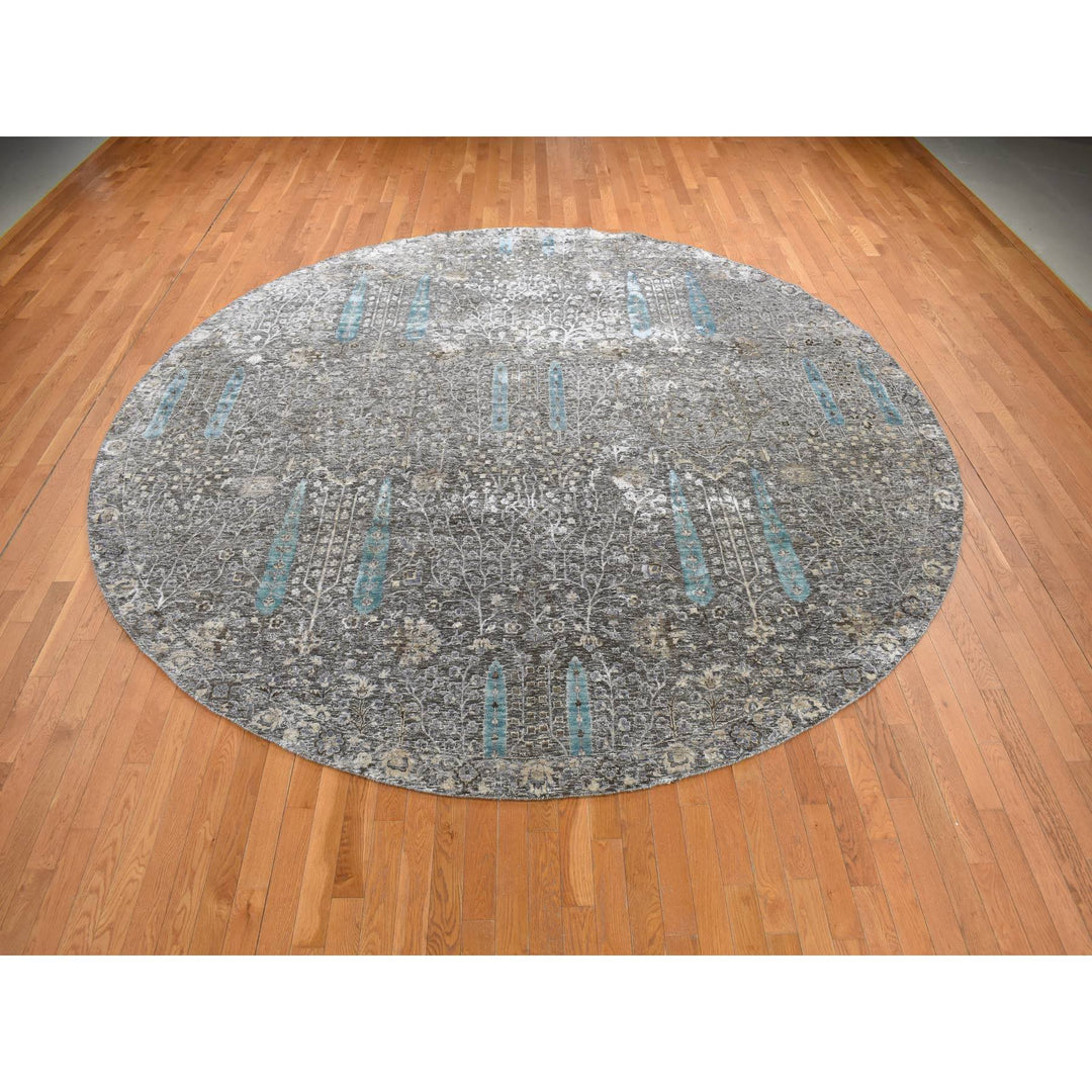 11'9" x 11'9" New Hand Knotted Black Wool & Silk Round Oriental Rug - MOA10278043