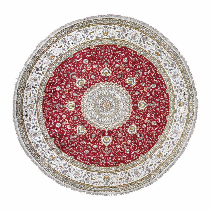 10'9" x 10'9" New Hand Knotted Red Silk & Cotton Blend Round Oriental Rug - MOA10278044