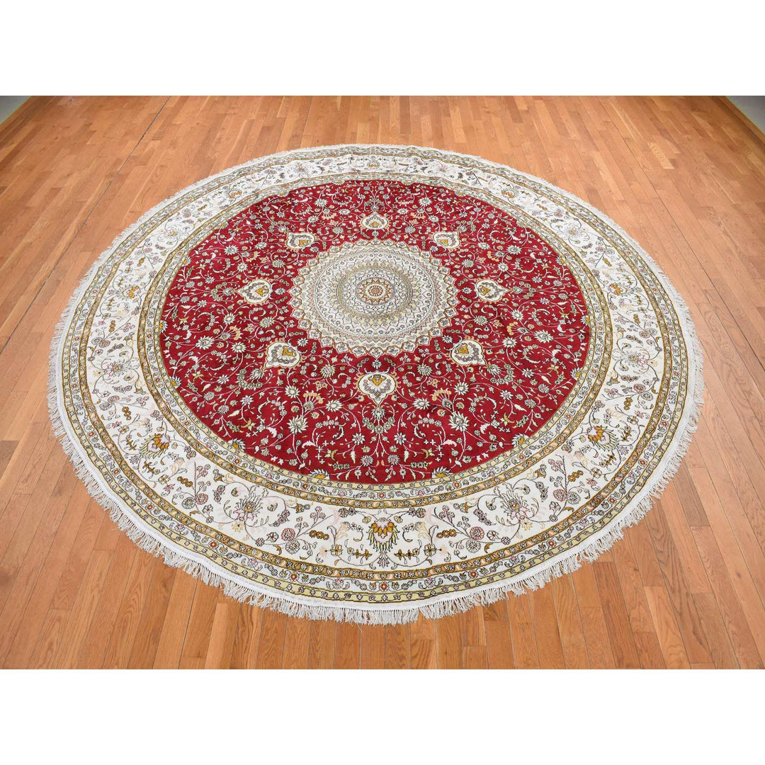 10'9" x 10'9" New Hand Knotted Red Silk & Cotton Blend Round Oriental Rug - MOA10278044