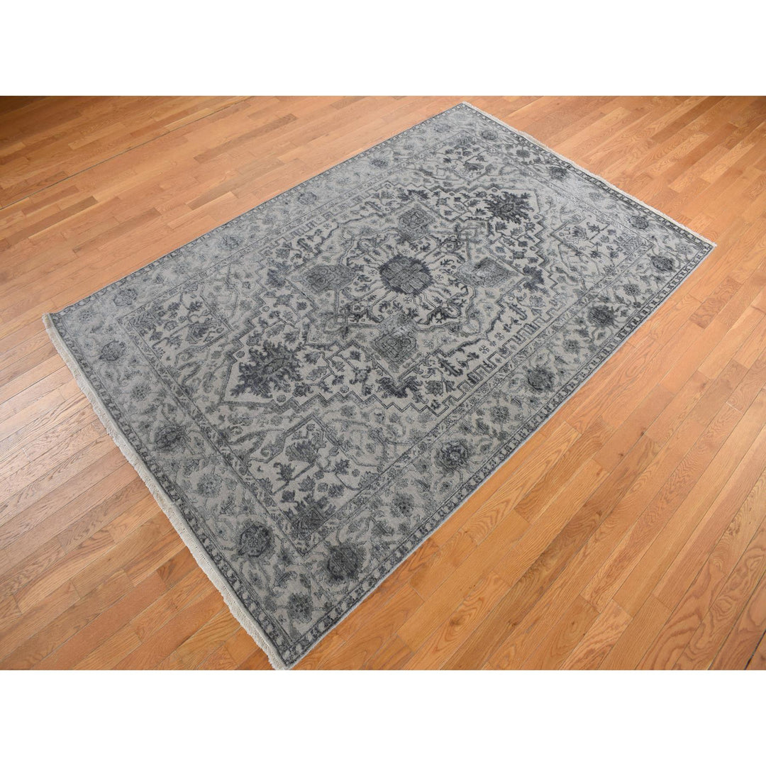 6'0" x 9'2" New Hand Knotted Grey Wool & Silk Rectangle Oriental Rug - MOA10278049