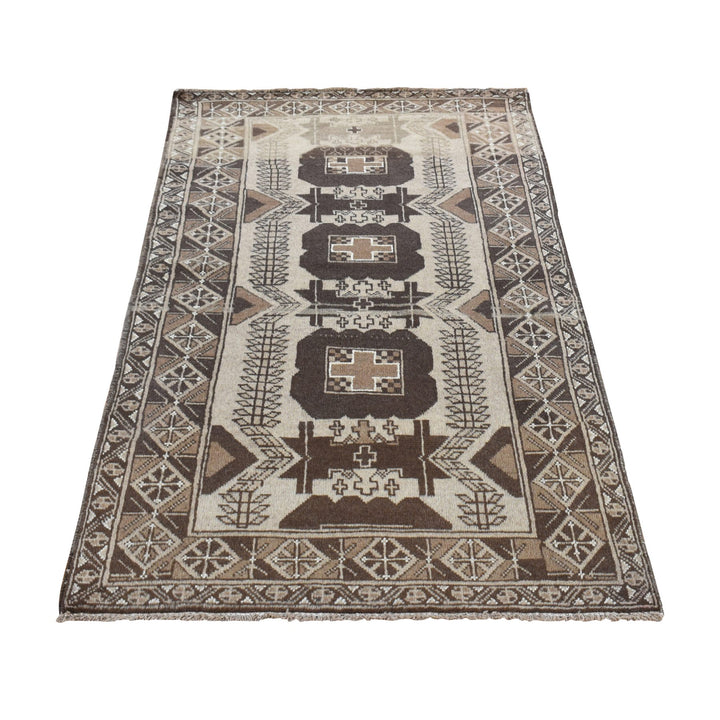 3'2" x 6'1" Vintage Hand Knotted Brown Wool Runner Oriental Rug - MOA10278054