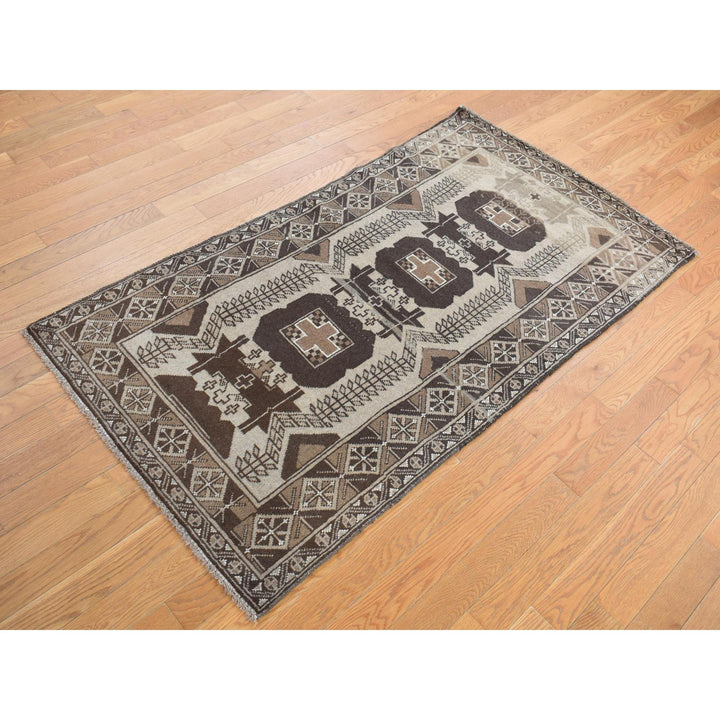 3'2" x 6'1" Vintage Hand Knotted Brown Wool Runner Oriental Rug - MOA10278054