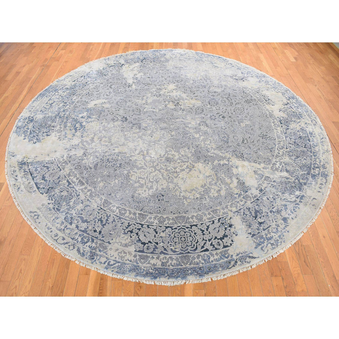 11'10" x 11'10" New Hand Knotted Grey Wool & Silk Round Oriental Rug - MOA10278065