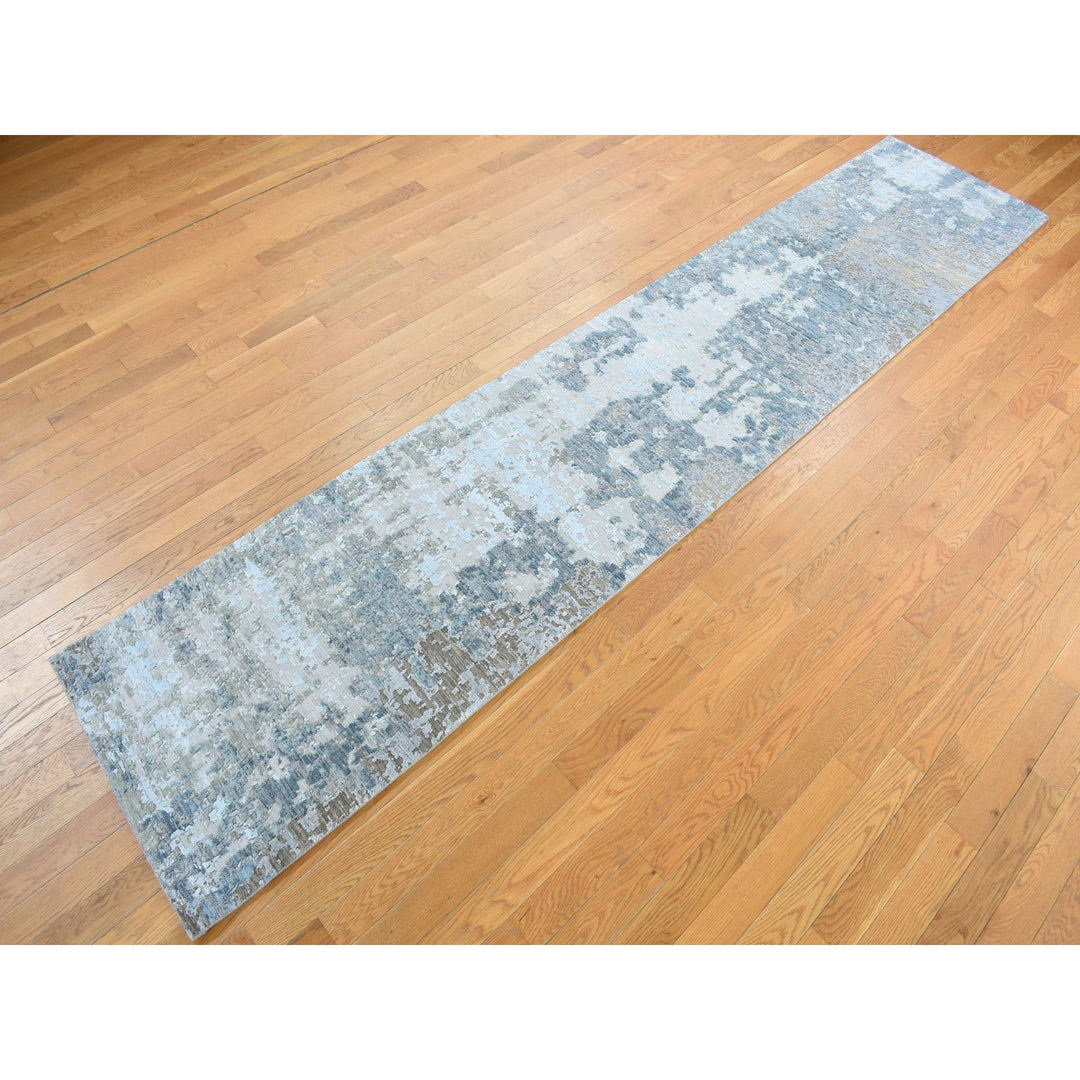 2'6" x 12'1" New Hand Knotted Blue Wool Runner Oriental Rug - MOA10278093