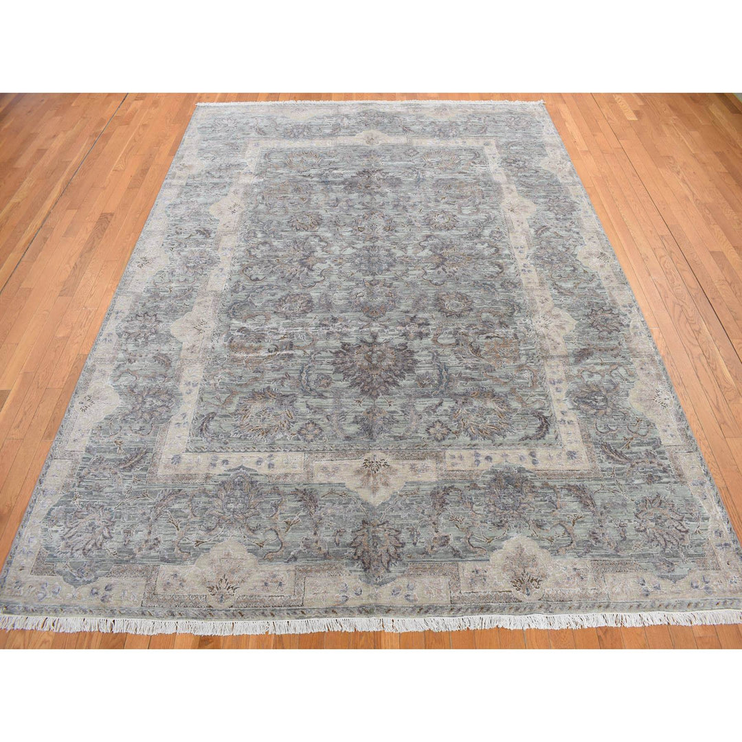 8'10" x 11'10" New Hand Knotted Green Wool & Silk Rectangle Oriental Rug - MOA10278111