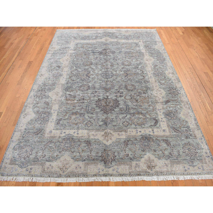 8'10" x 11'10" New Hand Knotted Green Wool & Silk Rectangle Oriental Rug - MOA10278111