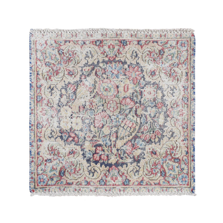 1'7" x 1'7" Vintage Hand Knotted Blue Wool Square Oriental Rug - MOA10278123