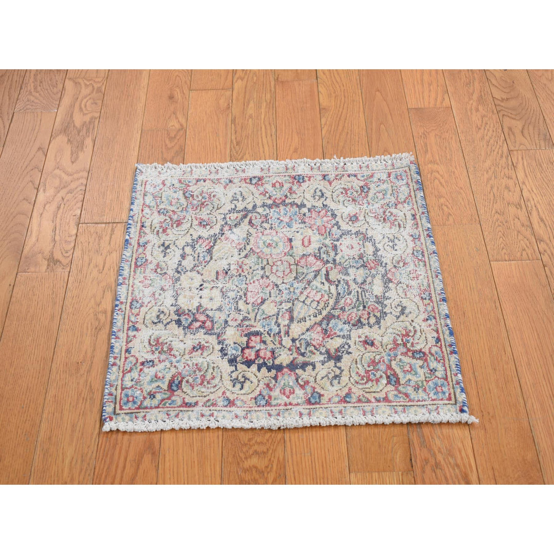 1'7" x 1'7" Vintage Hand Knotted Blue Wool Square Oriental Rug - MOA10278123