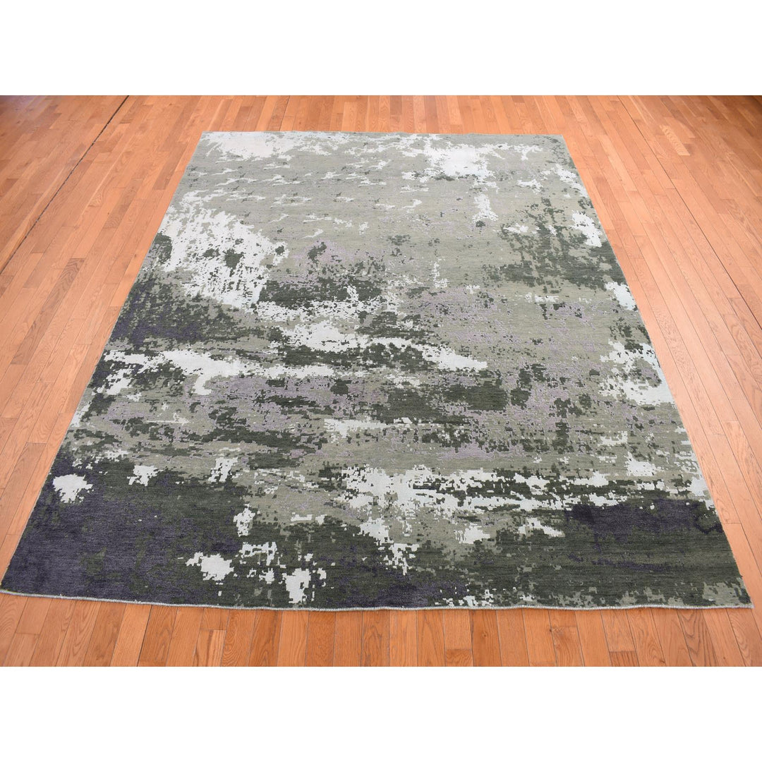 8'0" x 9'10" New Hand Knotted Grey Wool & Silk Rectangle Oriental Rug - MOA10278144