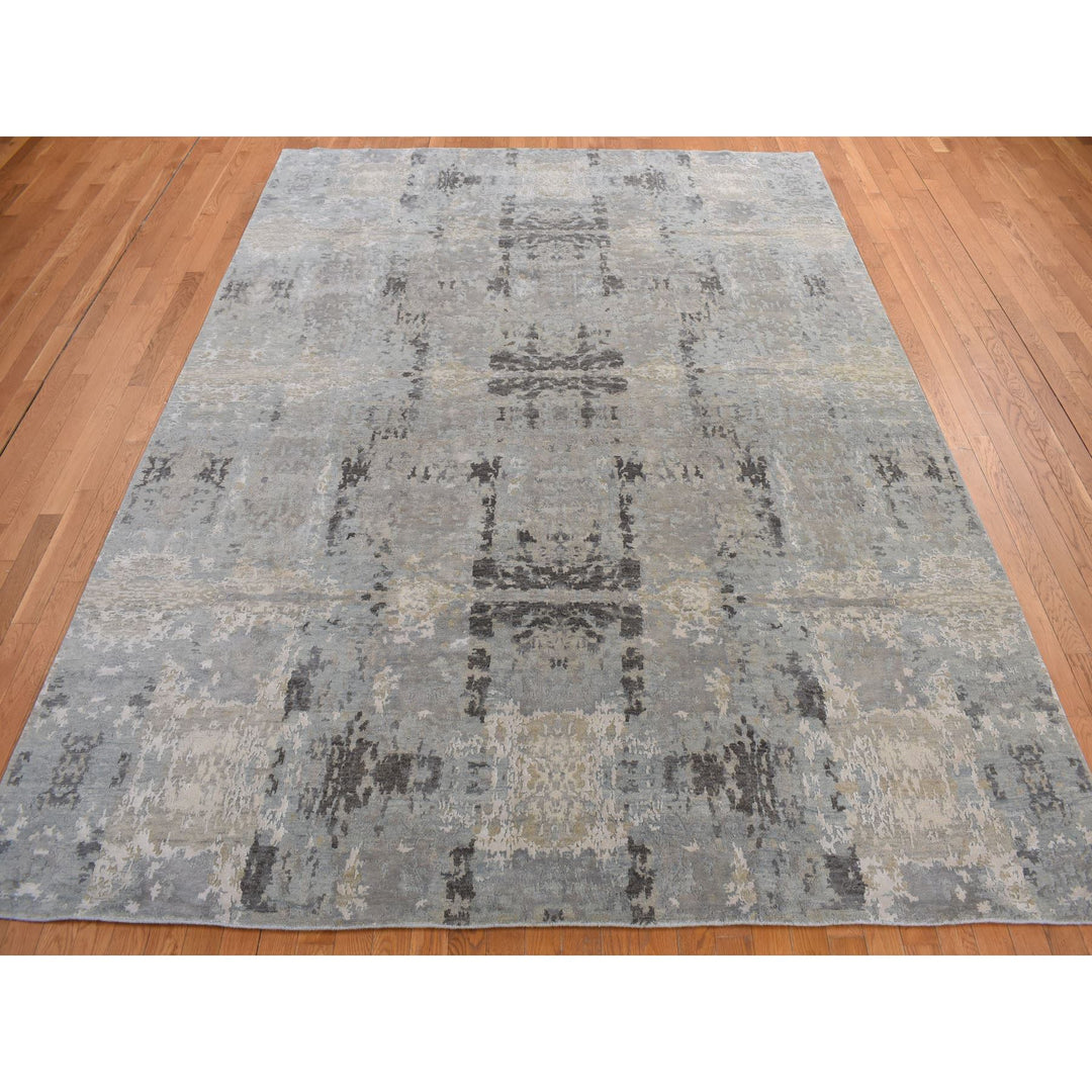 9'0" x 11'7" New Hand Knotted Grey Wool & Silk Rectangle Oriental Rug - MOA10278146