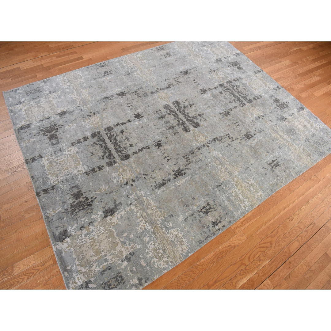 9'0" x 11'7" New Hand Knotted Grey Wool & Silk Rectangle Oriental Rug - MOA10278146