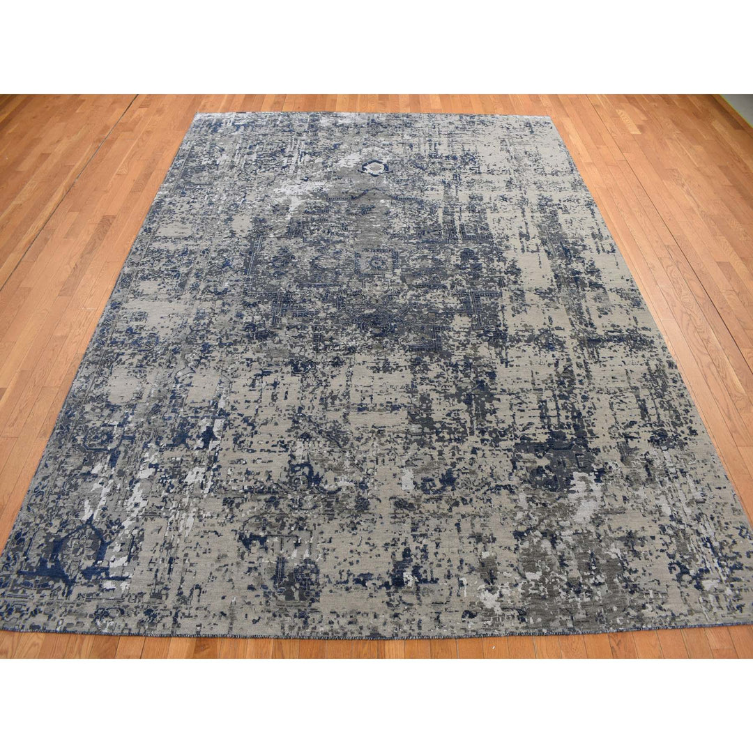 9'0" x 12'0" New Hand Knotted Blue Wool & Silk Rectangle Oriental Rug - MOA10278154