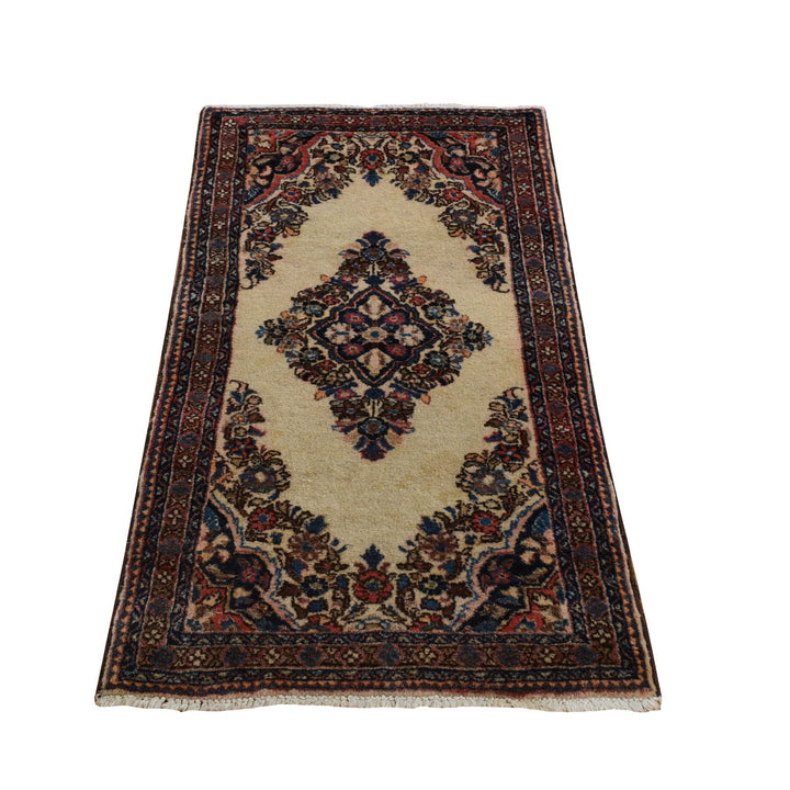 2'0" x 4'0" Vintage Hand Knotted Ivory Wool Rectangle Oriental Rug - MOA10278193