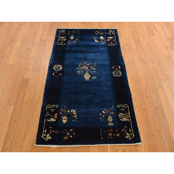 3'0" x 5'8" Vintage Hand Knotted Blue Wool Rectangle Oriental Rug - MOA10278195