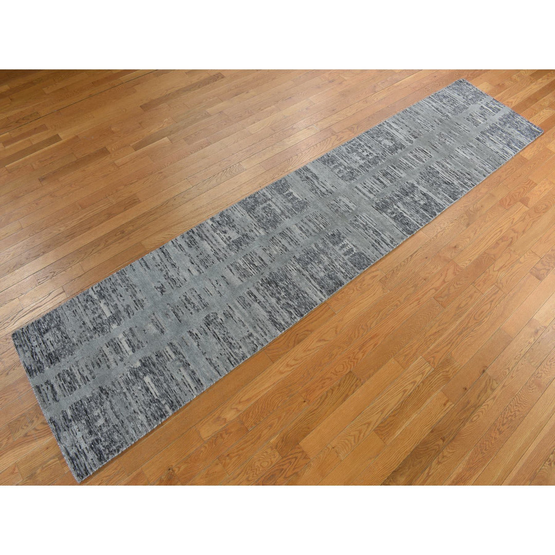 2'7" x 12'1" New Hand Knotted Grey Wool Runner Oriental Rug - MOA10278246