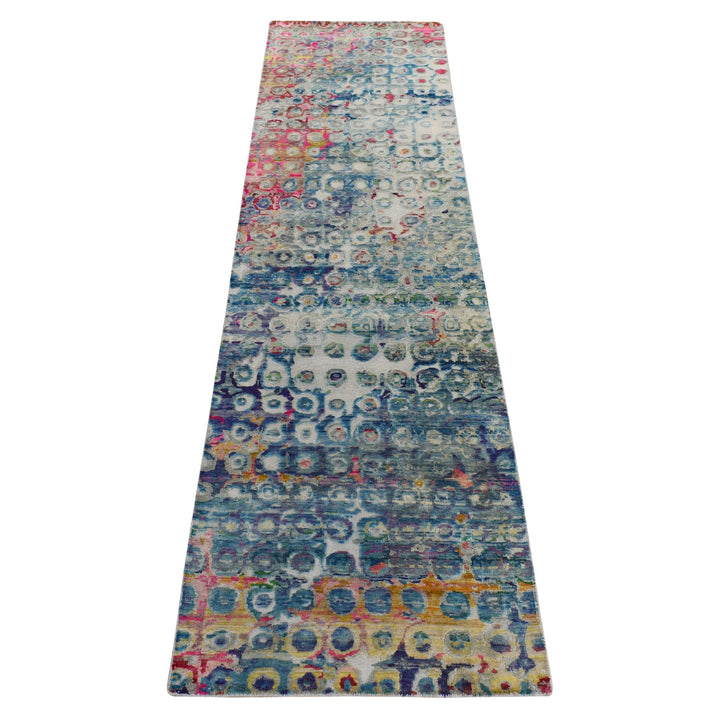 2'7" x 10'2" New Hand Knotted Blue Sari Silk Runner Oriental Rug - MOA10278249