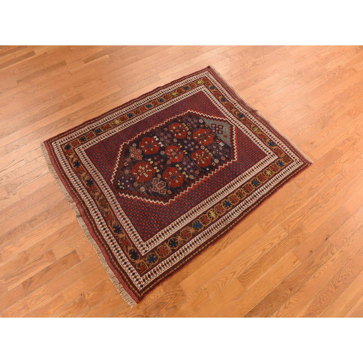 4'1" x 5'0" Vintage Hand Knotted Red Wool Rectangle Oriental Rug - MOA10278283