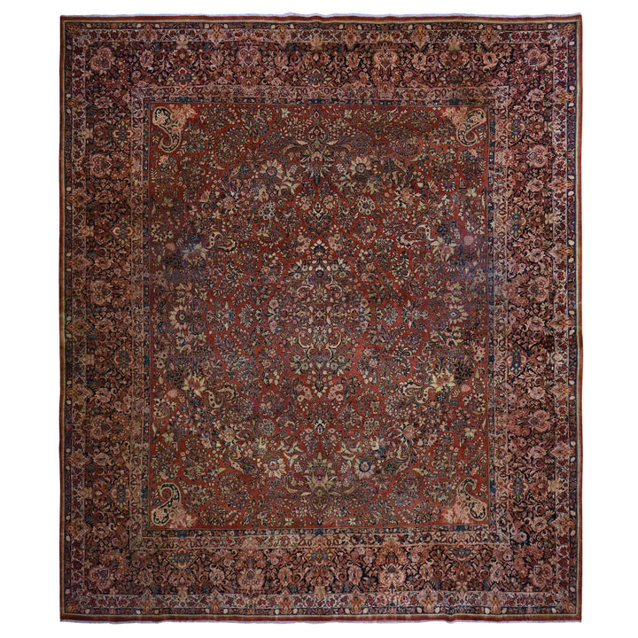 13'8" x 15'10" Vintage Hand Knotted Red Wool Square Oriental Rug - MOA10278326