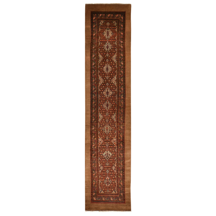 3'2" x 15'0" Vintage Hand Knotted Brown Wool Runner Oriental Rug - MOA10278368