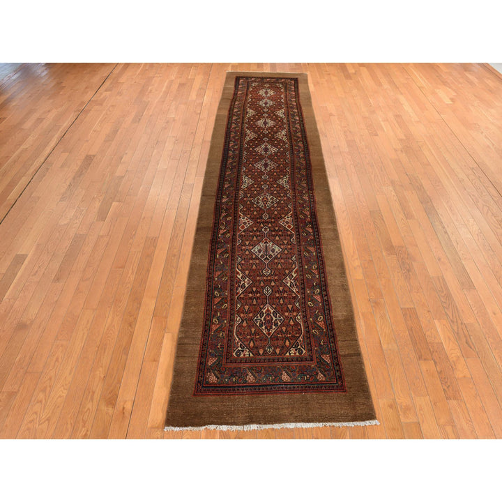 3'2" x 15'0" Vintage Hand Knotted Brown Wool Runner Oriental Rug - MOA10278368