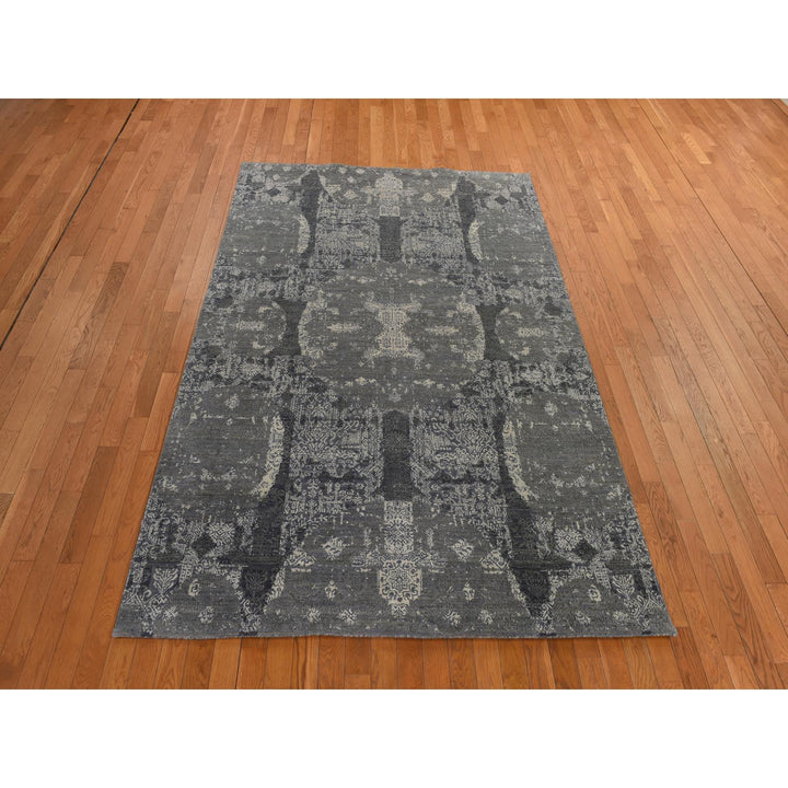 6'1" x 9'2" New Hand Knotted Grey Wool & Silk Rectangle Oriental Rug - MOA10278391