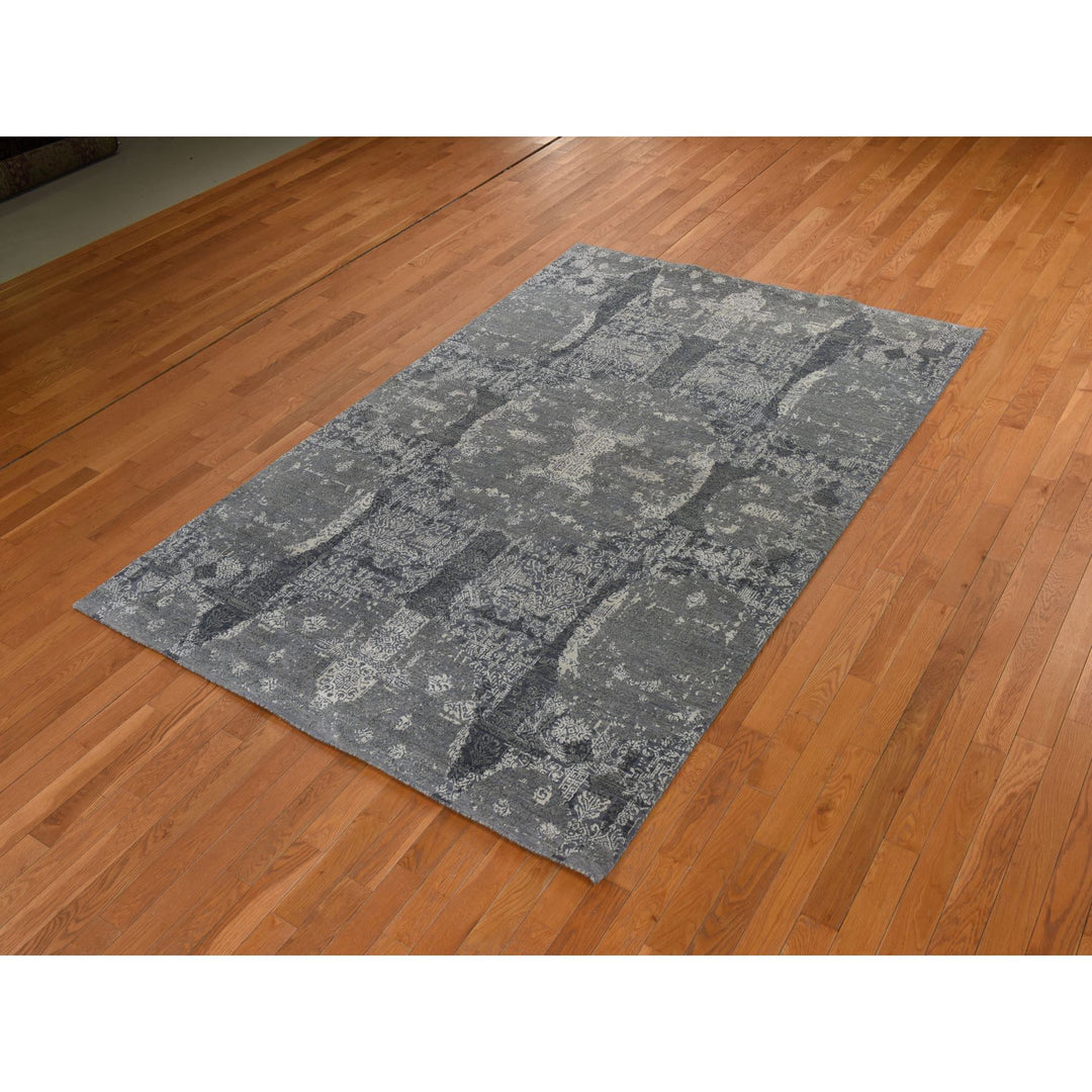 6'1" x 9'2" New Hand Knotted Grey Wool & Silk Rectangle Oriental Rug - MOA10278391