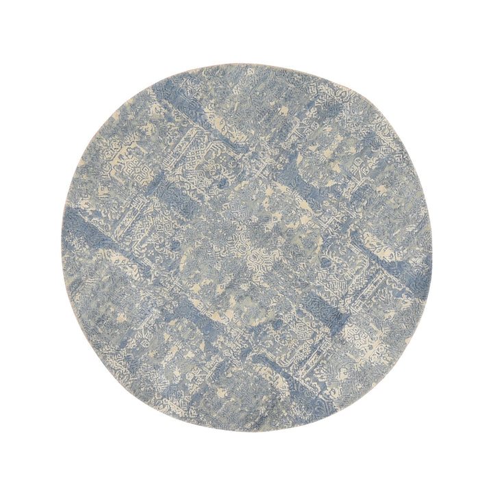 4'0" x 4'0" New Hand Knotted Blue Wool & Pure Silk Round Oriental Rug - MOA10278461