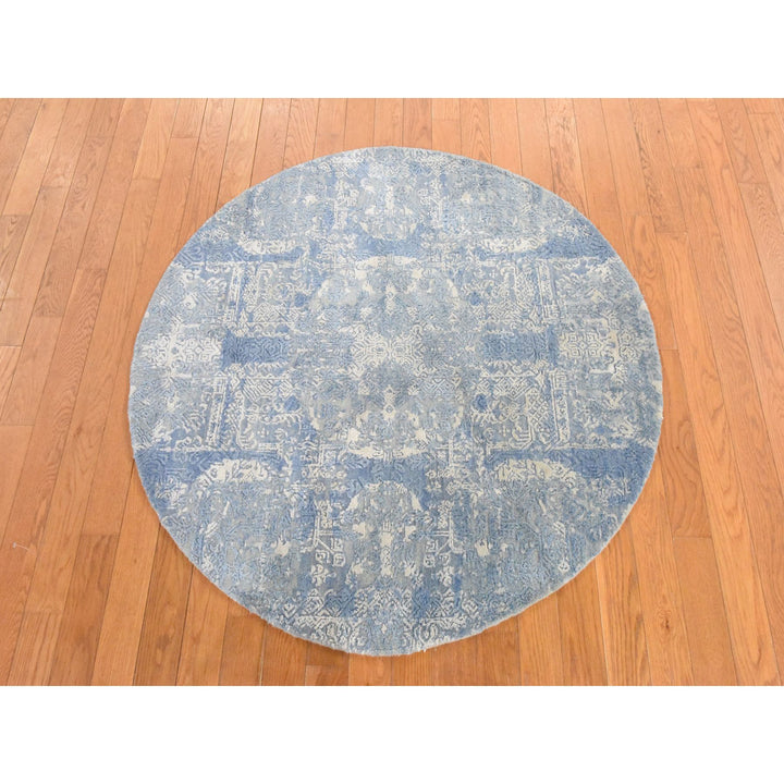 4'0" x 4'0" New Hand Knotted Blue Wool & Pure Silk Round Oriental Rug - MOA10278461