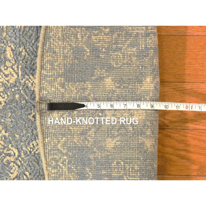4'0" x 4'0" New Hand Knotted Blue Wool & Pure Silk Round Oriental Rug - MOA10278461