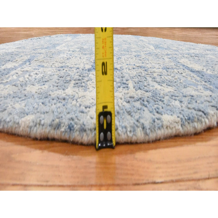 4'0" x 4'0" New Hand Knotted Blue Wool & Pure Silk Round Oriental Rug - MOA10278461