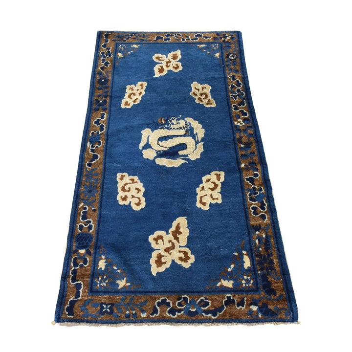 3'0" x 5'6" Vintage Hand Knotted Blue Wool Rectangle Oriental Rug - MOA10278478