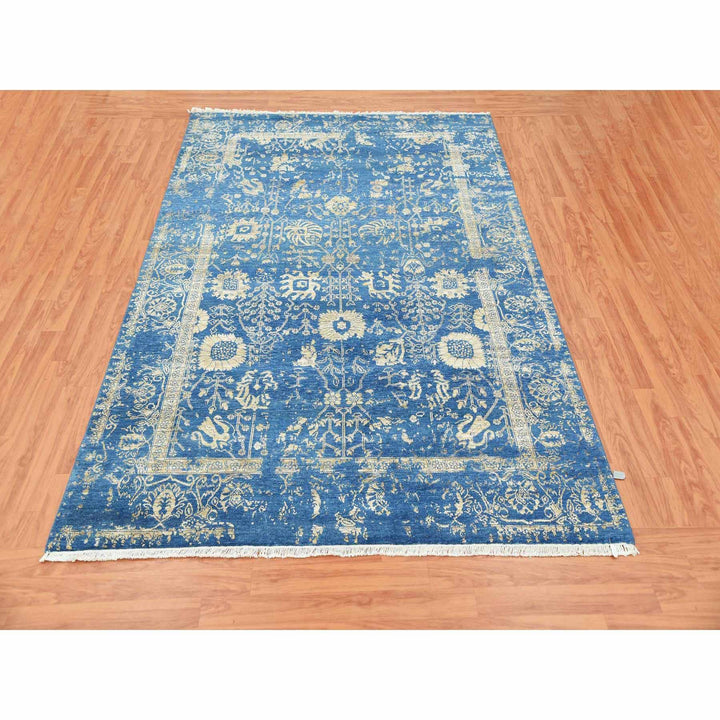 6'0" x 9'2" New Hand Knotted Blue Wool & Silk Rectangle Oriental Rug - MOA10279269