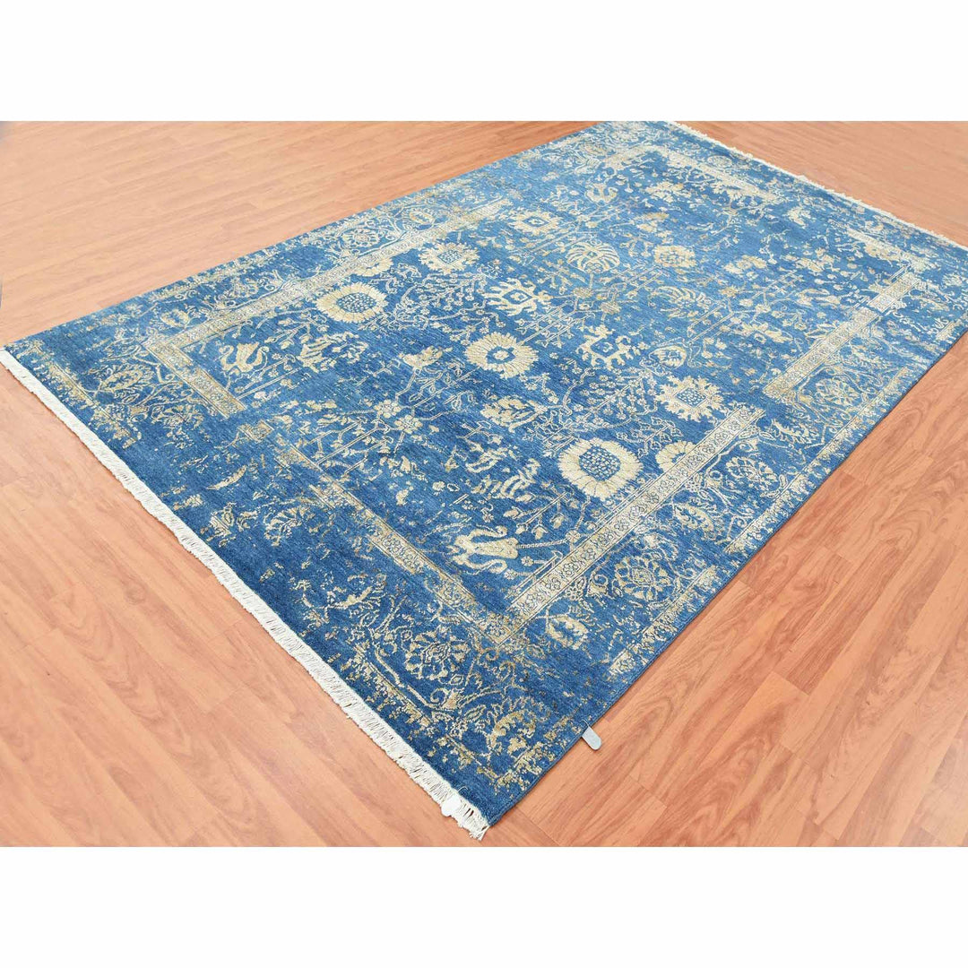 6'0" x 9'2" New Hand Knotted Blue Wool & Silk Rectangle Oriental Rug - MOA10279269