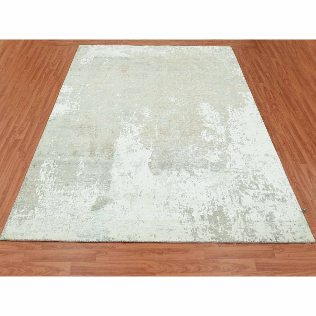 8'0" x 10'0" New Hand Knotted Ivory Wool & Silk Rectangle Oriental Rug - MOA10279271