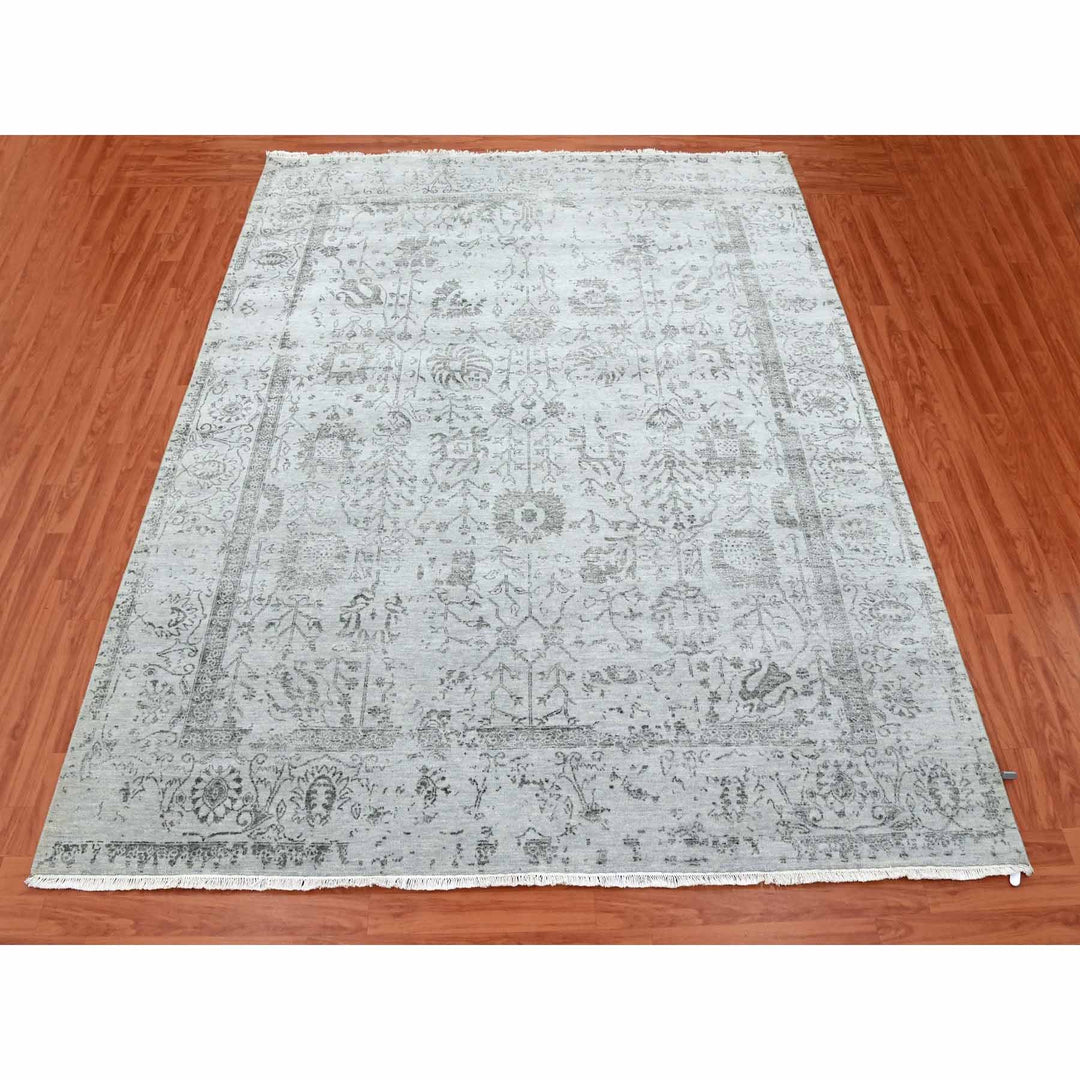 8'0" x 9'10" New Hand Knotted Grey Wool & Silk Rectangle Oriental Rug - MOA10279274