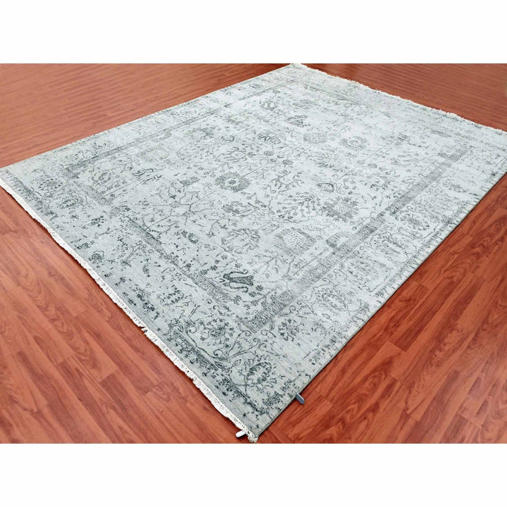 8'0" x 9'10" New Hand Knotted Grey Wool & Silk Rectangle Oriental Rug - MOA10279274