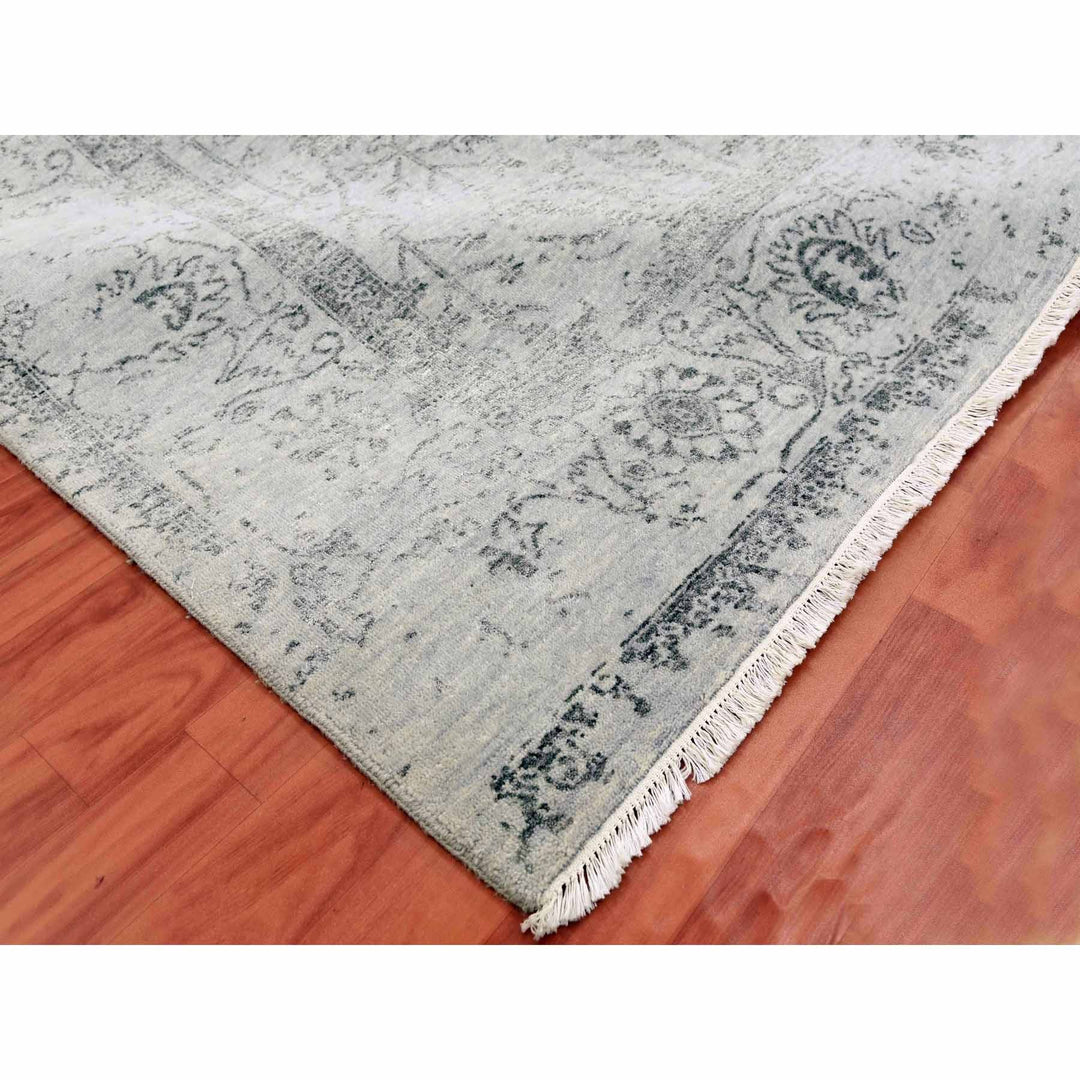 8'0" x 9'10" New Hand Knotted Grey Wool & Silk Rectangle Oriental Rug - MOA10279274