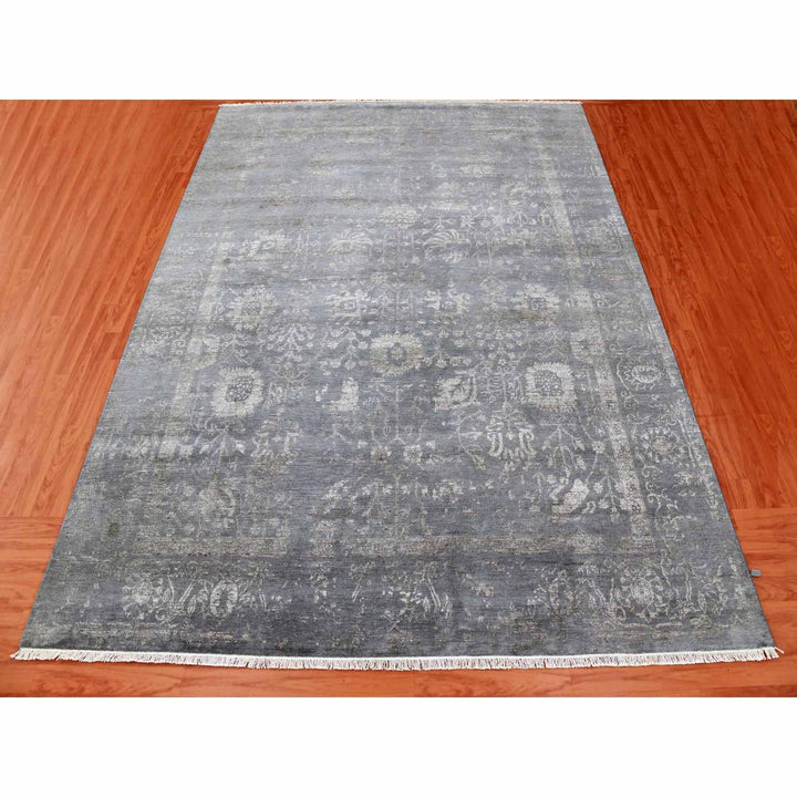 8'10" x 11'8" New Hand Knotted Grey Wool & Silk Rectangle Oriental Rug - MOA10279277