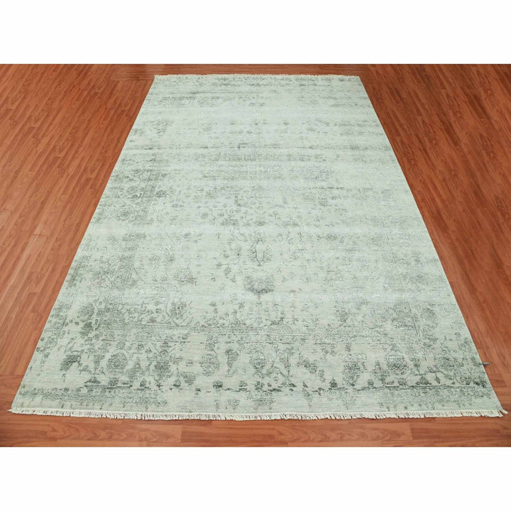 9'10" x 14'3" New Hand Knotted Grey Wool & Silk Rectangle Oriental Rug - MOA10279288